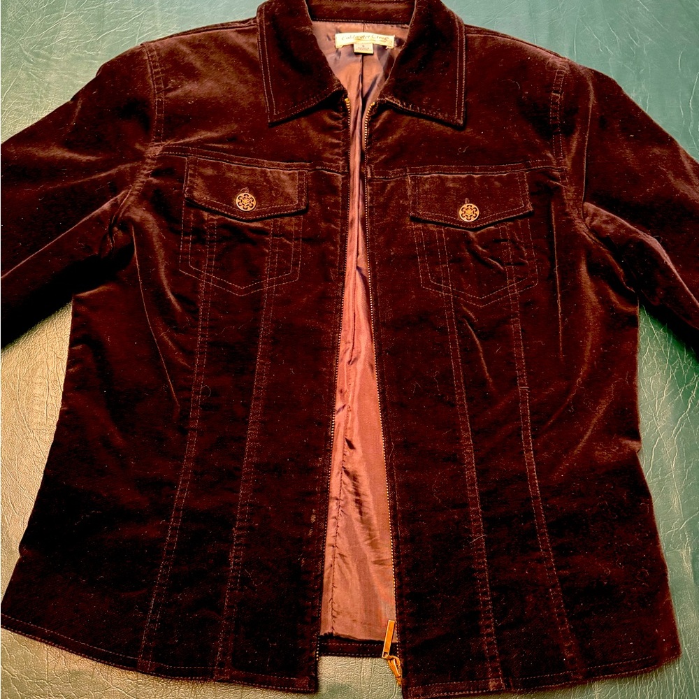 Black suede-like jacket, good condition.